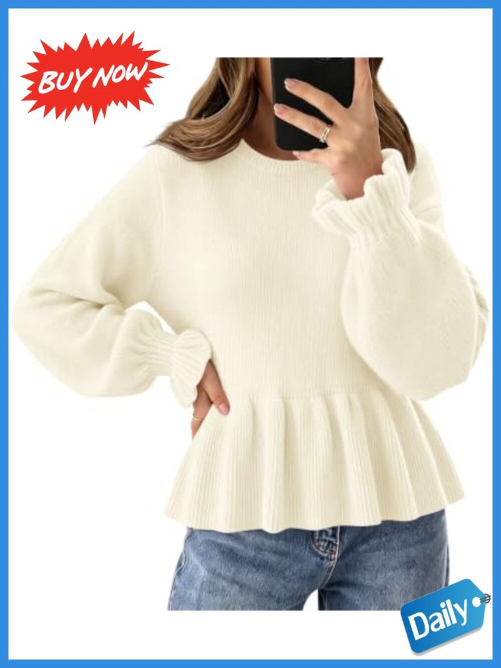 Womens Cropped Peplum Sweater Ribbed Knit Babydoll Crewneck Pullover